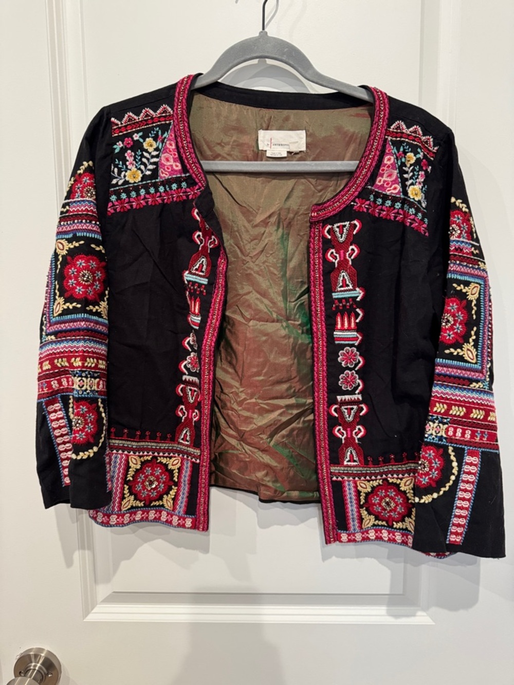 Anthropologie Embroidered Black Jacket with Multicolor Folk Motif